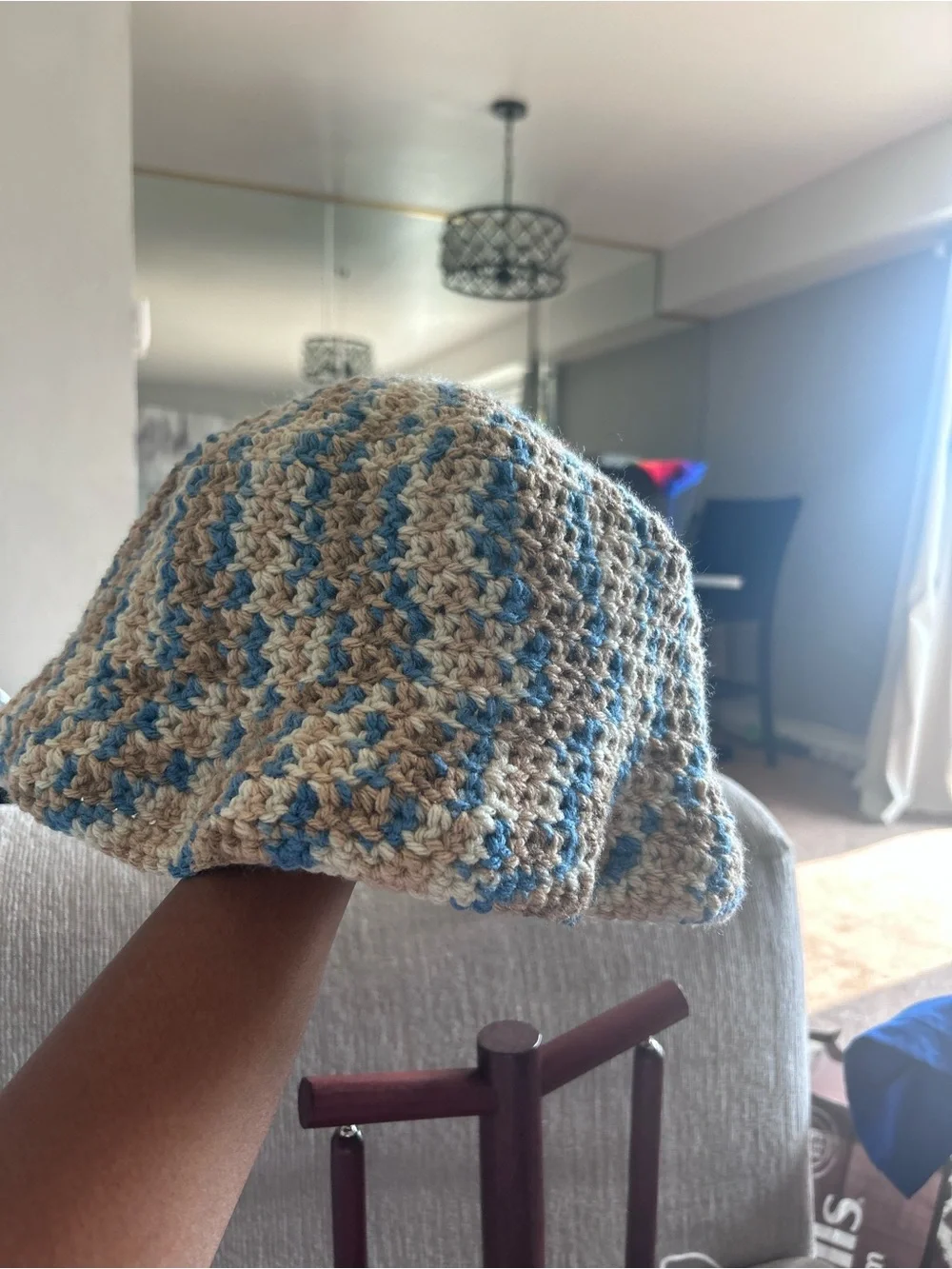 Handmade Crochet bucket hat in Beige, brown, and Blue
